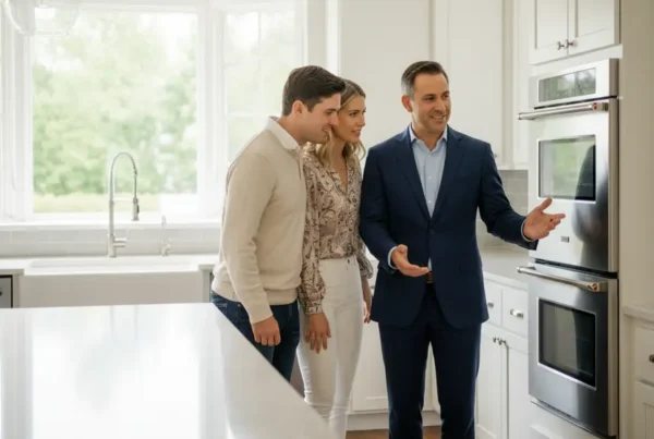 Real estate agent explaining kitchen features to a couple during a private home showing.