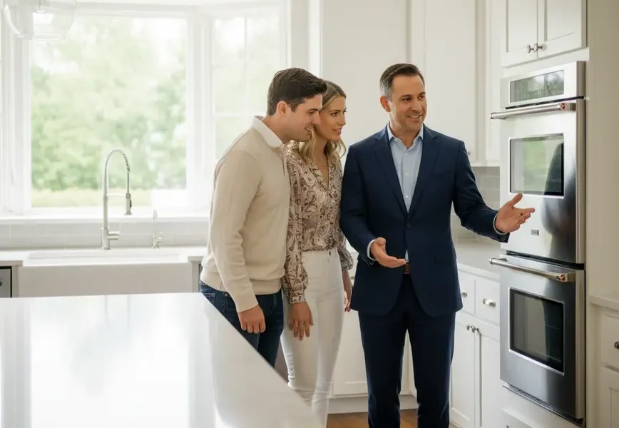Real estate agent explaining kitchen features to a couple during a private home showing.