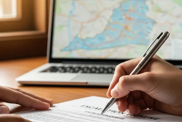 A person's hands signing a real estate contract with a visible escalation clause.