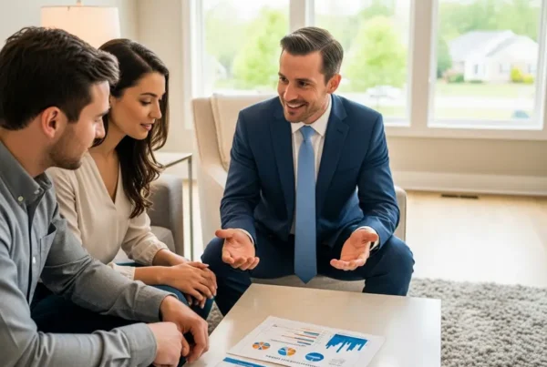 Realtor discussing real estate commission costs with a couple in their Northern Virginia home.