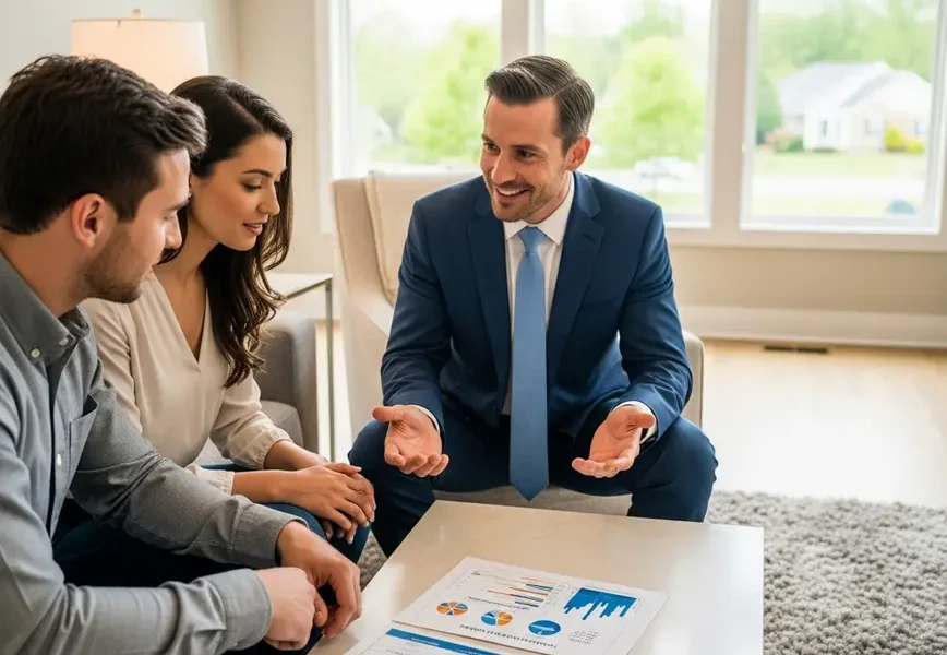 Realtor discussing real estate commission costs with a couple in their Northern Virginia home.