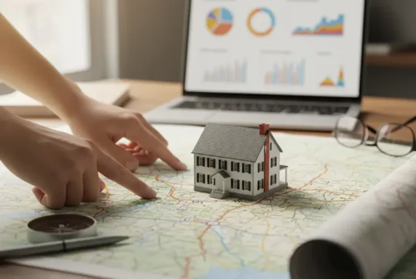 A person's hands pointing to a model house on a map of Northern Virginia.