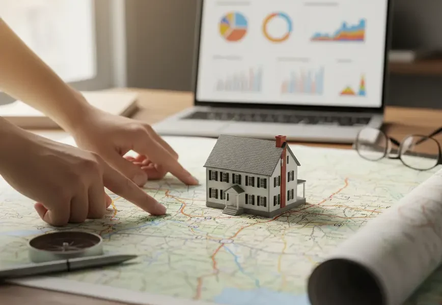 A person's hands pointing to a model house on a map of Northern Virginia.