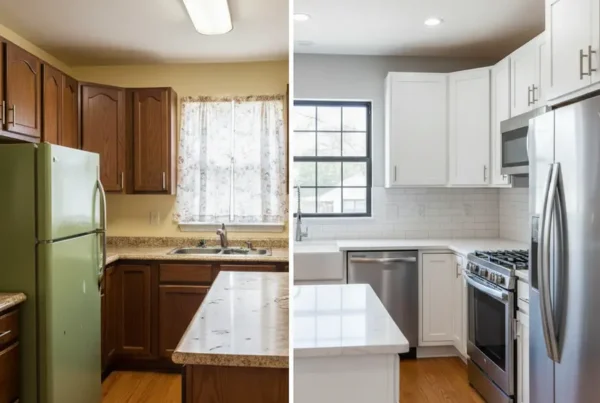 Before and after image of a kitchen renovation for selling a house as-is.