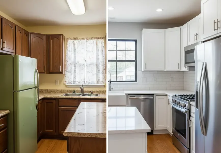 Before and after image of a kitchen renovation for selling a house as-is.