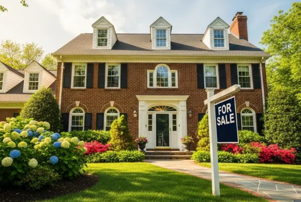A classic brick colonial home in Northern Virginia with a for sale sign.