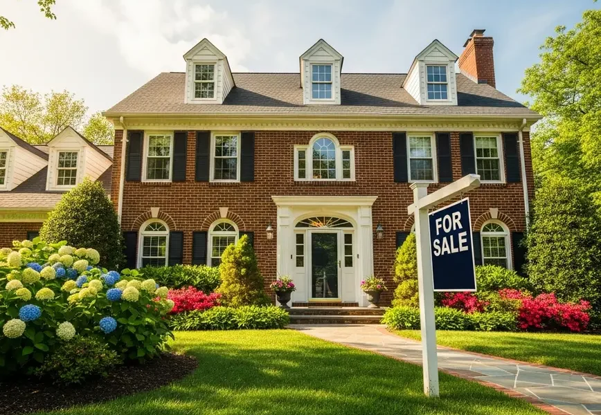 A classic brick colonial home in Northern Virginia with a for sale sign.