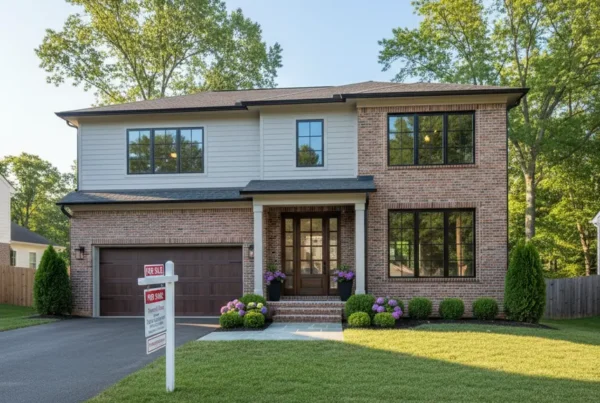 A modern suburban home in Northern Virginia with a 'For Sale' sign.