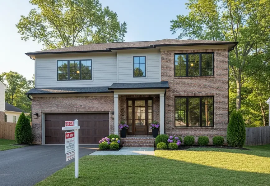 A modern suburban home in Northern Virginia with a 'For Sale' sign.