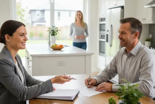 Real estate agent helping a landlord sell a house with a tenant present.
