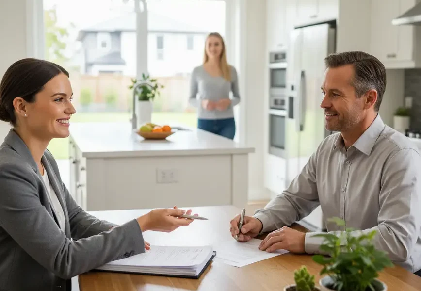 Real estate agent helping a landlord sell a house with a tenant present.