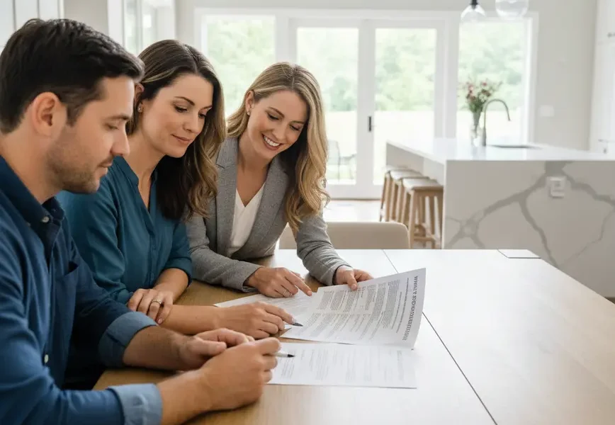 A real estate agent and a couple reviewing a Virginia seller's disclosure document.
