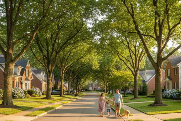 A family walks down a sunny, tree-lined street, illustrating the signs of a good neighborhood.