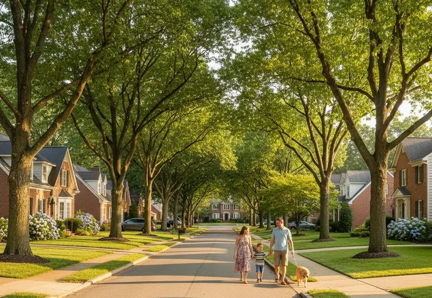 A family walks down a sunny, tree-lined street, illustrating the signs of a good neighborhood.