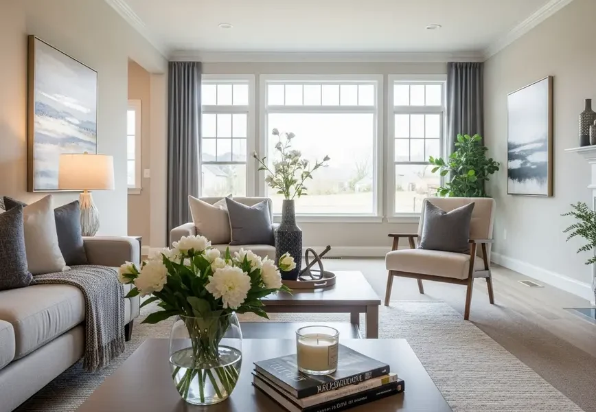 A bright, modern living room professionally staged for a home sale in Northern Virginia.