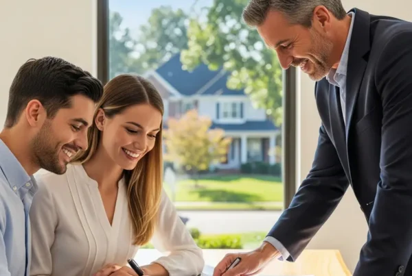 Couple signing papers with a realtor to complete the steps for buying a house in Virginia.