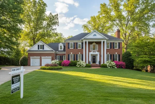 A colonial-style house in Northern Virginia with a 'For Sale' sign in the yard.
