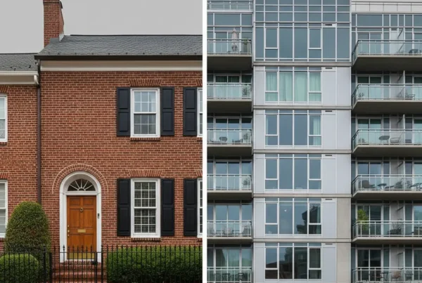 Side-by-side comparison of a Northern Virginia townhouse and a modern condo building.