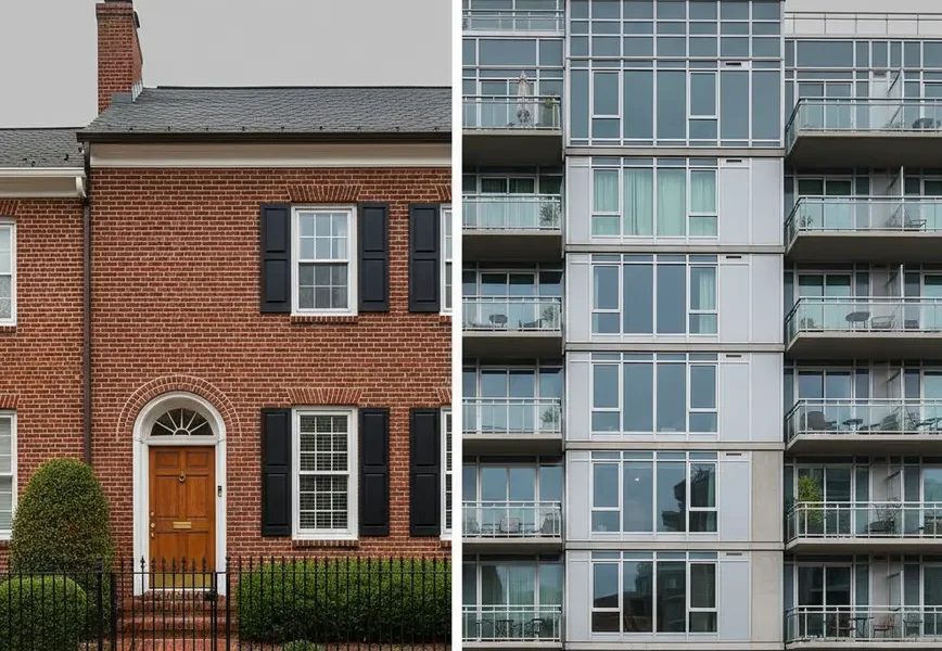 Side-by-side comparison of a Northern Virginia townhouse and a modern condo building.