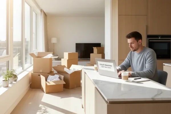 Person on a laptop in a new kitchen with moving boxes, transferring home utilities.