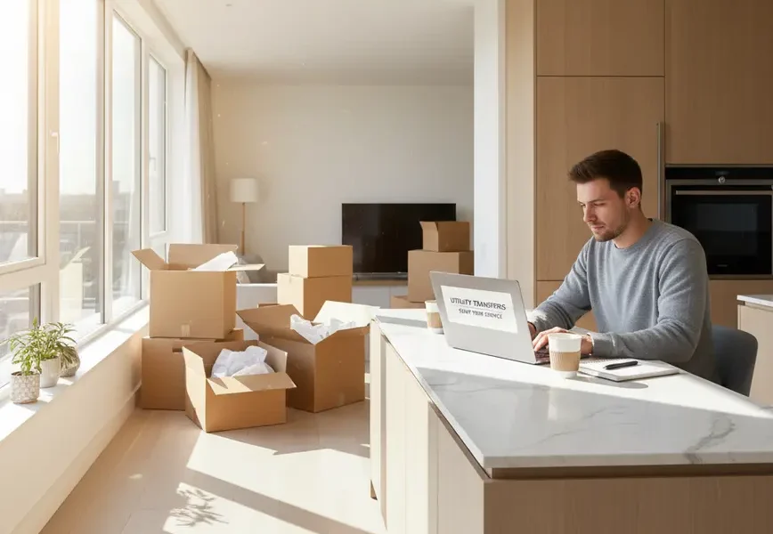 Person on a laptop in a new kitchen with moving boxes, transferring home utilities.