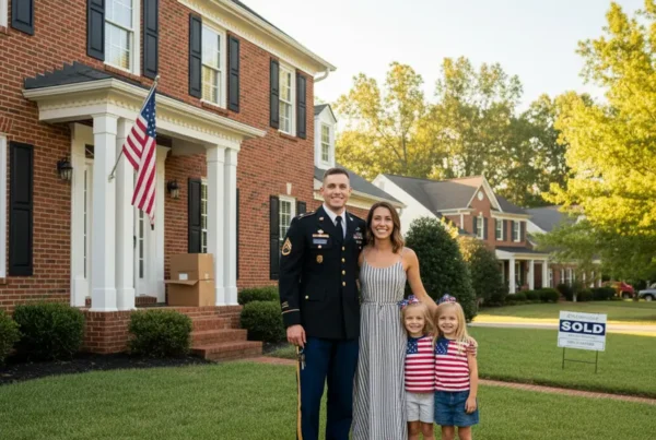 A military family smiles proudly in front of their new Northern Virginia home.