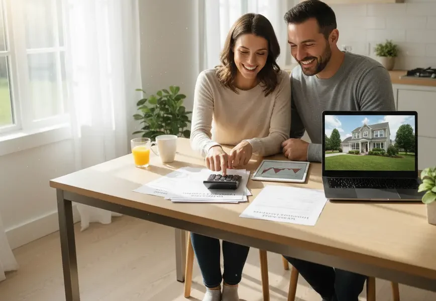 Couple at kitchen table happily reviewing Virginia homeowner tax benefit documents with a laptop.