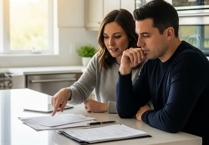 Couple at kitchen island reviewing documents about waiving contingencies in Northern Virginia.