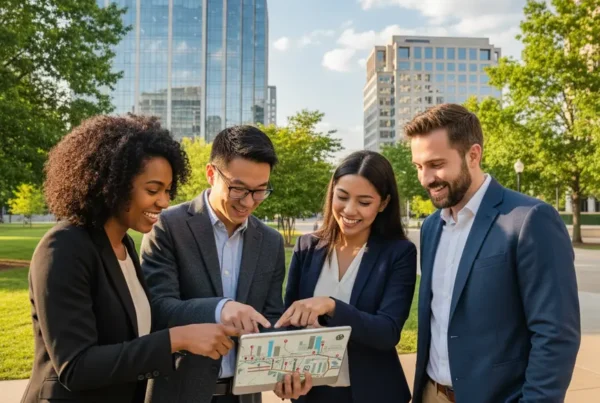 Young professionals looking at a tablet in a modern urban park in Northern Virginia.