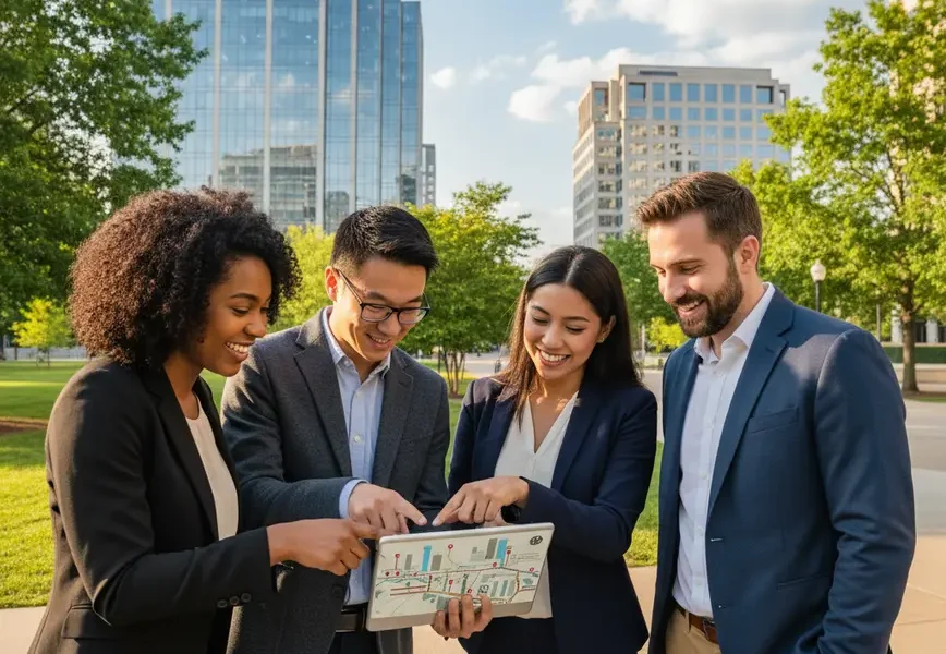 Young professionals looking at a tablet in a modern urban park in Northern Virginia.